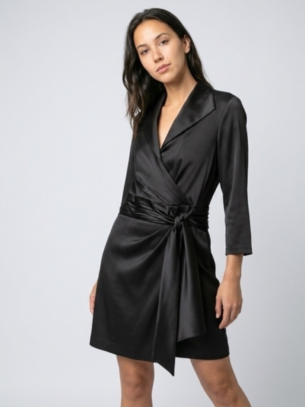 Tadashi Shoji Black tuxedo faux wrap satin dress size 14